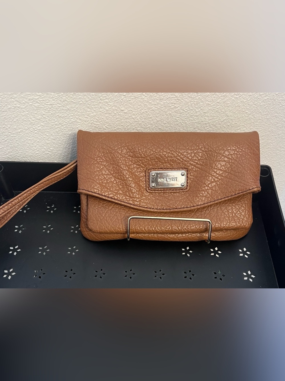 Nine West Brown Pebbled Faux Leather Crossbody Clutch with Chain Strap